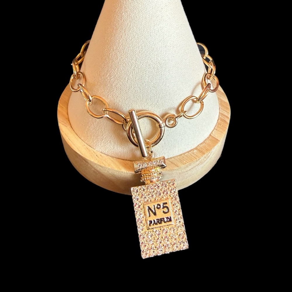 ✨ No. 5 Perfume Bottle Charm Bracelet | Gold Crystal Chain Statement ✨
